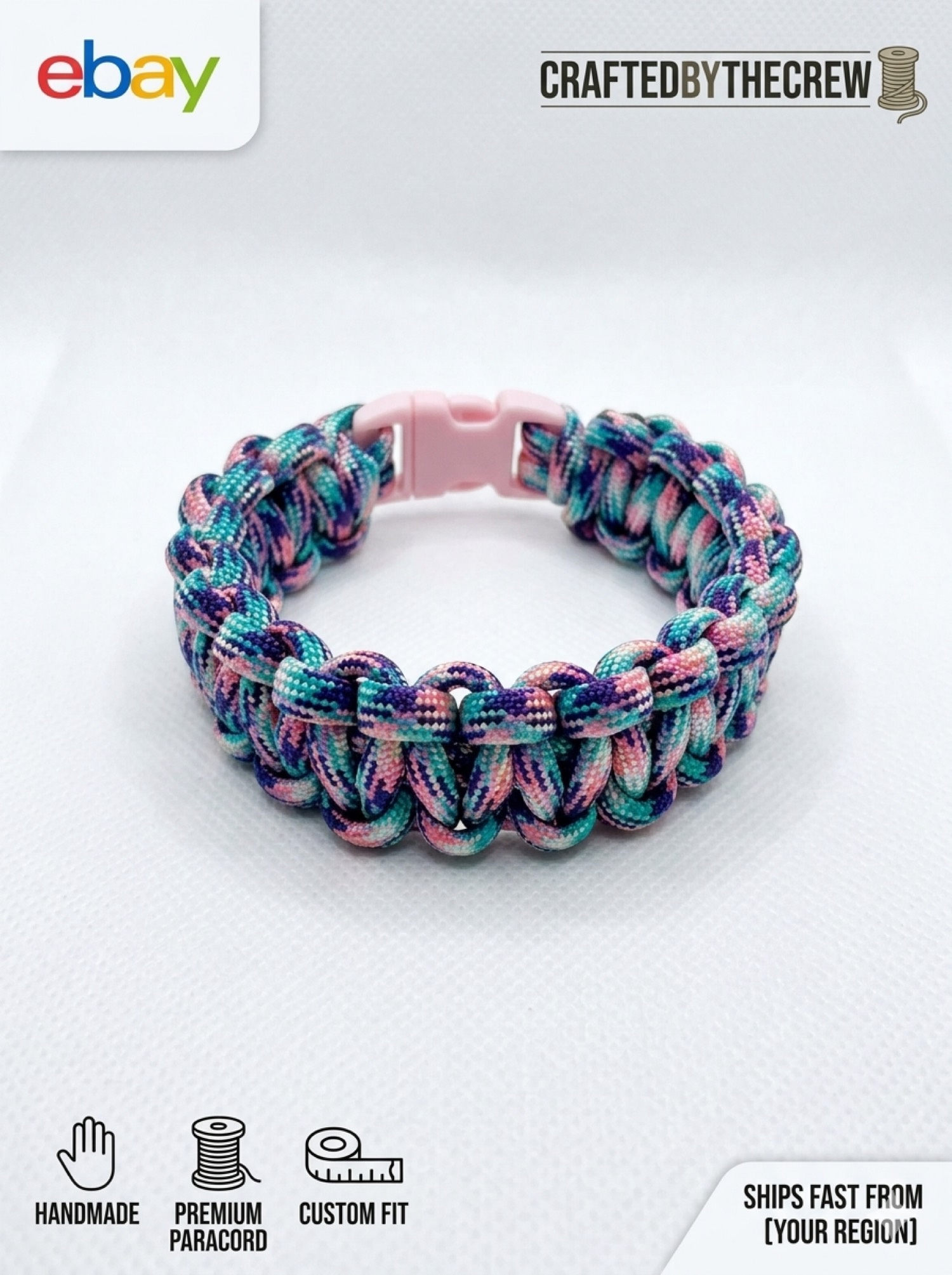 Multicolor paracord bracelet with a pink buckle