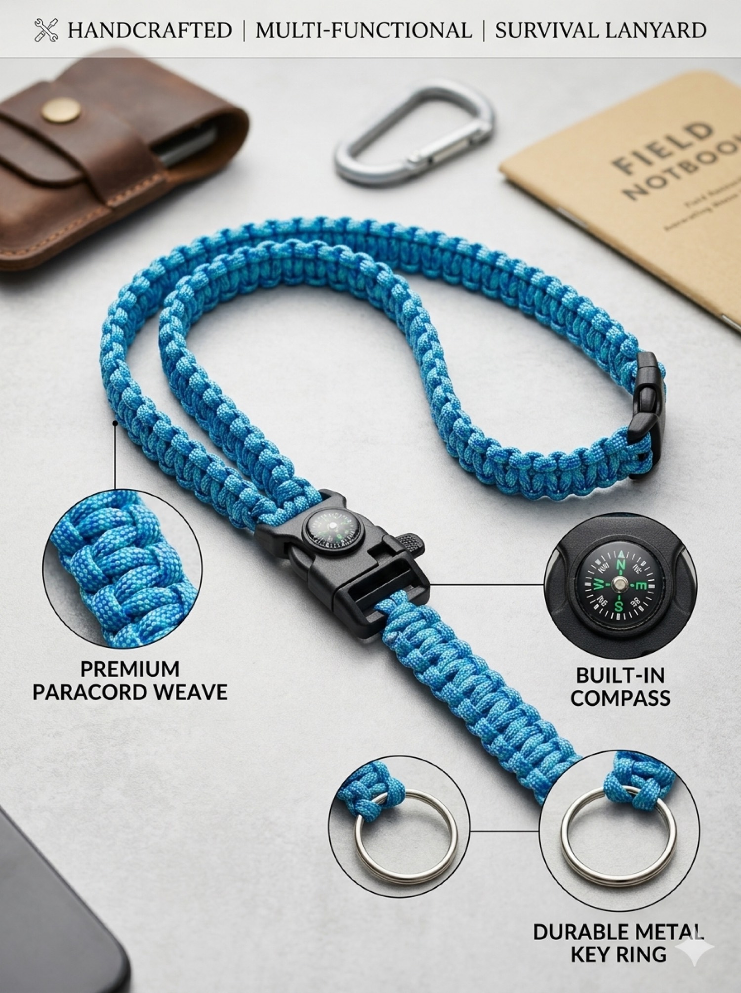Blue paracord survival lanyard with a compass buckle and metal key ring