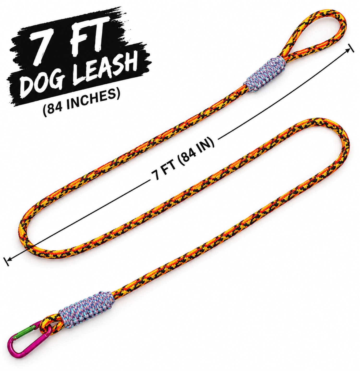 7 foot multicolor paracord dog leash with a loop handle and carabiner